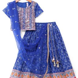Babyhug Woven Half Sleeves Sequin Embroidered Bandhani Printed Choli & Crushed Lehenga Set with Dupatta & Tassle Detailing - Royal Blue-image-17