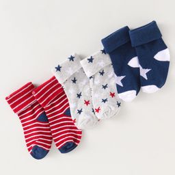 Doodle Poodle Cotton Knit Ankle Length Socks With Star & Stripe Design Pack of 3 - Grey Navy Blue & Red-image-32