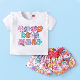 Babyhug Single Jersey Knit Half Sleeves Text Printed Top & Shorts Set - White & Pink-image-69
