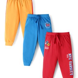 Babyhug Single Jersey Knit Full Length Lounge Pants with Text Print Pack of 3 - Red Blue & Yellow-image-85