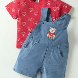 ToffyHouse Cotton Knit Dungaree & Half Sleeves T-Shirt with Teddy Print - Blue & Red-image-90