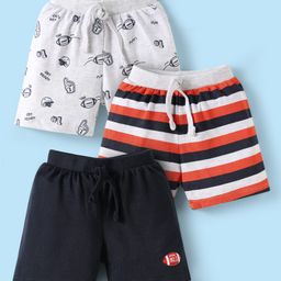 Babyhug Single Jersey Knit Shorts with Stripes & Sport Theme Print Pack of 3 - Grey & Black-image-76