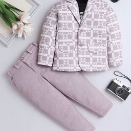 Fourfolds Cotton One Level Text Printed Tee & Trousers With Full Sleeves Blazer Set - Rosy Brown-image-6
