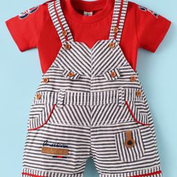 Dapper Dudes Embosis Hosiery Typography Embroidered Striped Dungaree With Half Sleeves Tee - Grey-image-98