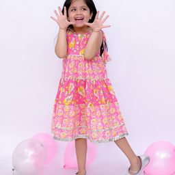 BownBee Cotton Sleeveless Floral Printed Gota Lace Embellished Dress - Pink-image-57