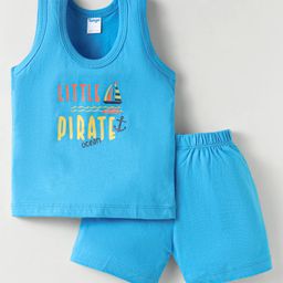 Tango Single Jersey Knit Sleeveless Sando Vest & Shorts Set With Text Print - Blue-22