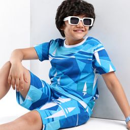 Ollington St. Cotton Co-Ord Set of Half Sleeves Printed T-Shirt & Shorts - Light Blue-image-71