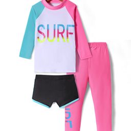 KIDLINGSS Full Sleeves Surf Text Printed Swim Top & Leggings With Shorts Set - Blue Pink & Black-image-117