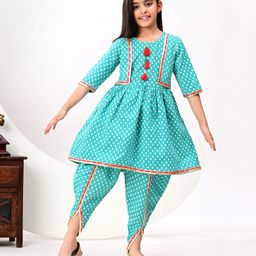 FlyFinns Cotton Half Sleeves Katha Printed Tassels & Lace Embellished Dhoti Kurta Set - Sea Green-image-68