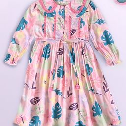 Bella Moda Cotton Full Puffed Sleeves Leaves Printed Lace Embellished Dress - Pink-image-97