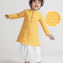 Babyhug Woven Mandarin Collar Full Sleeves Kurta Dhoti Set With Abstract Print - Yellow-image-2