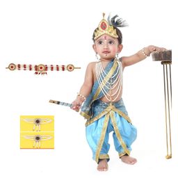 RAJ FANCY DRESSES Woven Sleeveless Gota Lace Embellished & Ethnic Foil Printed Lord Krishna Theme Costume Set - Ferozi Blue-image-73