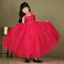 Toy Balloon Kids Net Woven Sleeveless Floral Applique Detailed Sequins Embellished Gown - Magenta-picture-43