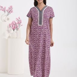 Maybell Floral Printed V-Neck Pure Cotton Maxi Nightdress-image-90