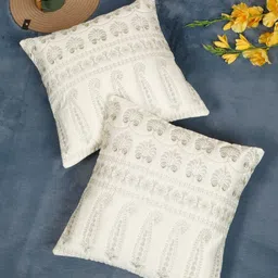 SOKNACK Cream And Silver-Toned 2 Pieces Ethnic Motifs Embroidered Square Cushion Covers-image-39