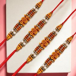 ADIVA Set Of 4 Sones Studded & Beaded Om Rakhis Roli Chawal & Greetings Card-image-50