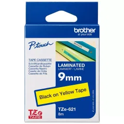 BROTHER Tape, Black On Yellow, 9Mm W, 8M L, TZE-621.-27