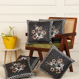 HOSTA HOMES Black & Grey Set of 5 Floral Velvet Square Cushion Covers-picture-1
