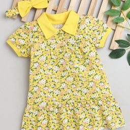 BUMZEE Half Sleeves Floral Printed Dress With Headband - Yellow-picture-22
