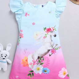 Little Marine Cap Flutter Sleeves Floral Theme Unicorn Printed Ombre Effect Dress - Blue & Pink-image-74