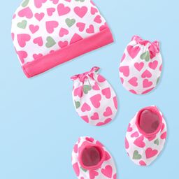 Babyhug 100% Cotton Knitted Cap Mittens & Booties with Heart Print- Pink-picture-24