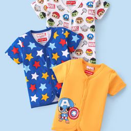 Babyhug Marvel 100% Cotton Knit Half Sleeves Jhabla With Avengers & Star Print Pack Of 3 - White Navy Blue & Yellow-image-88