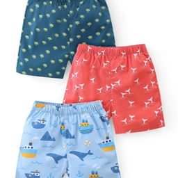 Babyhug Cotton Woven Regular Boxers Nautical & Sea Life Theme Print Pack of 3 - Blue & Red-image-9