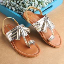 LIL PITAARA Braided  Lace & Tassel Detailed Kolhapuri Sandals - Tan-image-4