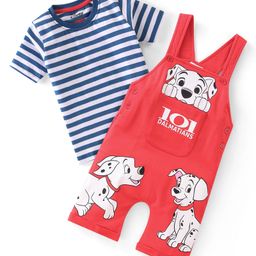 Babyhug Disney Cotton Single Jersey Knit Dungaree With Half Sleeves Tee And 101 Dalmatians Graphics - Blue & Red-image-51