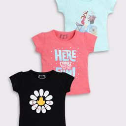 giniekids Pack Of 3 Half Sleeves Flower & Here Come The Fun Text Printed Tees - Black Water Cherry & Aqua Blue-image-7