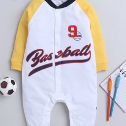 BUMZEE Raglan Full Sleeves Baseball Theme Romper - White & Yellow-image-0