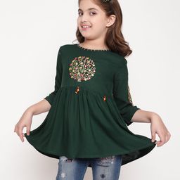 ISHTI Three Fourth Sleeves Floral Embroidered Top - Bottle Green-image-25