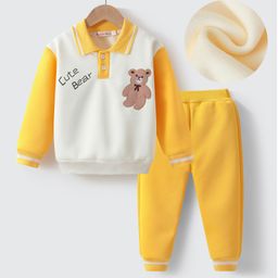 Kookie Kids Full Sleeves Collared Winter Wear Suit With Teddy Applique - Yellow-picture-5