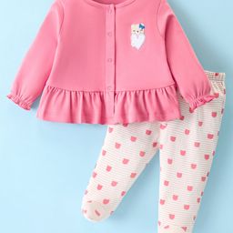 ToffyHouse Cotton Knit Full Sleeves Front Open Top & Footed Leggings With Teddy Print - Pink-image-49
