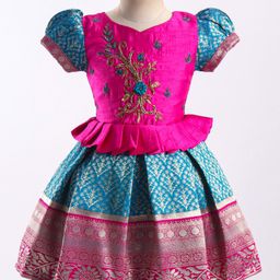 Enfance Puff Sleeves Beads Embroidered Pattu Pavadai Dress - Royal Blue-image-33