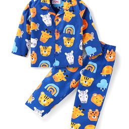 Babyhug Cotton Woven Full Sleeves Front Open Night Suit With Animals Print - Navy-image-83