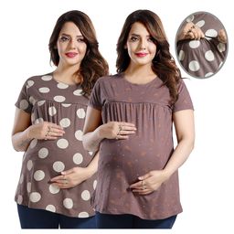Fabme Pack Of 2 Half Sleeves Polka Dots & Floral Printed Tops With Concealed Zipper Nursing Access - Chocolate Brown & Purple-image-18