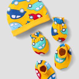 Babyhug 100% Cotton Cap Mittens And Booties Vehicle Printed - Yellow-image-25