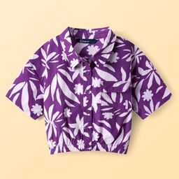 Pine Kids Poplin Woven Half Sleeves Drop Shoulder Top with Floral Print - Purple-image-27