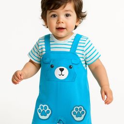 Babyoye 100% Cotton Interlock Knit Half Sleeeves Dungaree Style Romper With Eco Jiva Finish & Bunny Applique - Blue-image-97