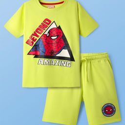 Pine Kids Marvel Single Jersey Knit Half Sleeves Shorts Night Suit with Spider-Man Graphics - Neon Green-image-60