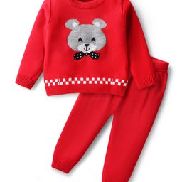 Babyhug Knitted Full Sleeves Sweater Set with Rat Patch - Red-image-87