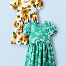 Honeyhap Premium Cotton Knit Half Sleeves Floral & Butterfly Printed Frocks With Bow Applique Pack of 2 - Bright White & Mint-image-95