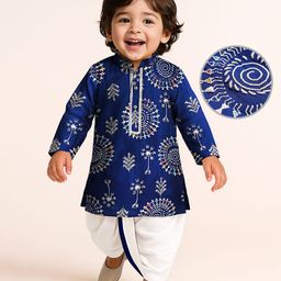 EARTHY TOUCH Cotton Woven Mandarin Collar Full Sleeves Kurta Dhoti Set With Floral Embriodery - Navy Blue & White-image-61