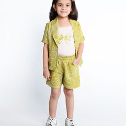 Ministitch Cotton Bow & Leaves Printed Top & Shorts With Half Sleeves Jacket Set - Mustard-image-7