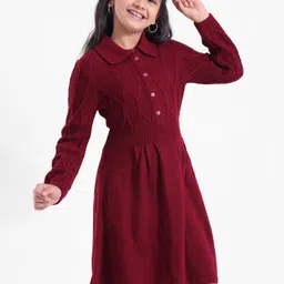 Hola Bonita Knitted Full Sleeves Collar Neck Sweater Dress With Cable Knit Design - Wine-picture-29