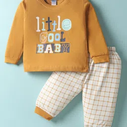Tango Single Jersey Knit Full Sleeves T-Shirt & Lounge Pant Set with Text Print & Checks - Mustard-picture-18