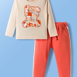 Babyoye 100% Cotton Interlock Knit Full Sleeves T-Shirt & Lounge Pant Set With Text Print - Cream-picture-8