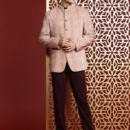 MANQ Ethnic Motif Printed & Sequined Velvet Slim-Fit Bandhgala Blazer-image-8