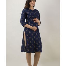 Step Queen Rayon Three Fourth Sleeves Abstract Foil Printed Maternity Kurta With Nursing Access - Blue image 4